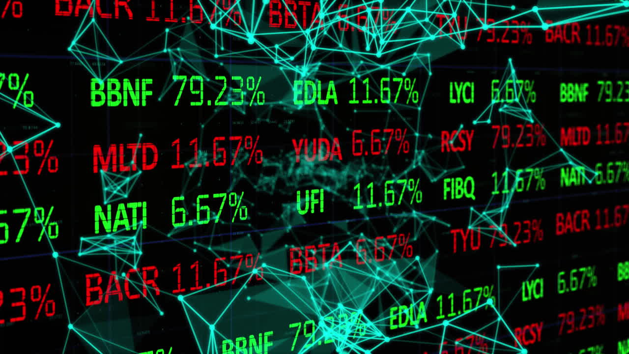 검은색 배경에 반이는 플렉서스 네트워크를 통해 주식 시장 데이터 처리의 애니메이션