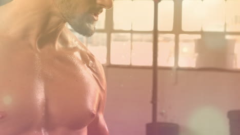 animación de puntos de luz sobre el hombre caucásico haciendo ejercicio en el gimnasio.