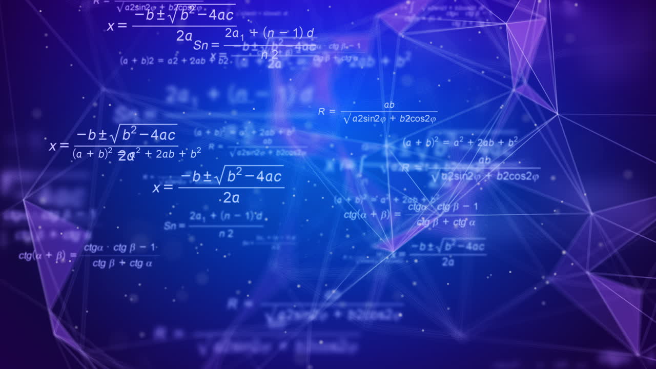 Mathematical calculations, formulas with fractions. Futuristic abstract blue educational background with triangles and plexus lines. Looped animation.
