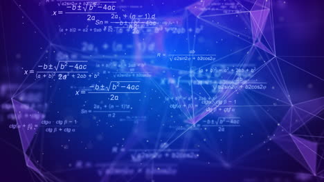 mathematical calculations, formulas with fractions. futuristic abstract blue educational background with triangles and plexus lines. looped animation.