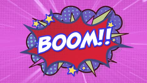 Animation-of-boom-text-over-a-retro-speech-bubble-against-light-trails-on-purple-background