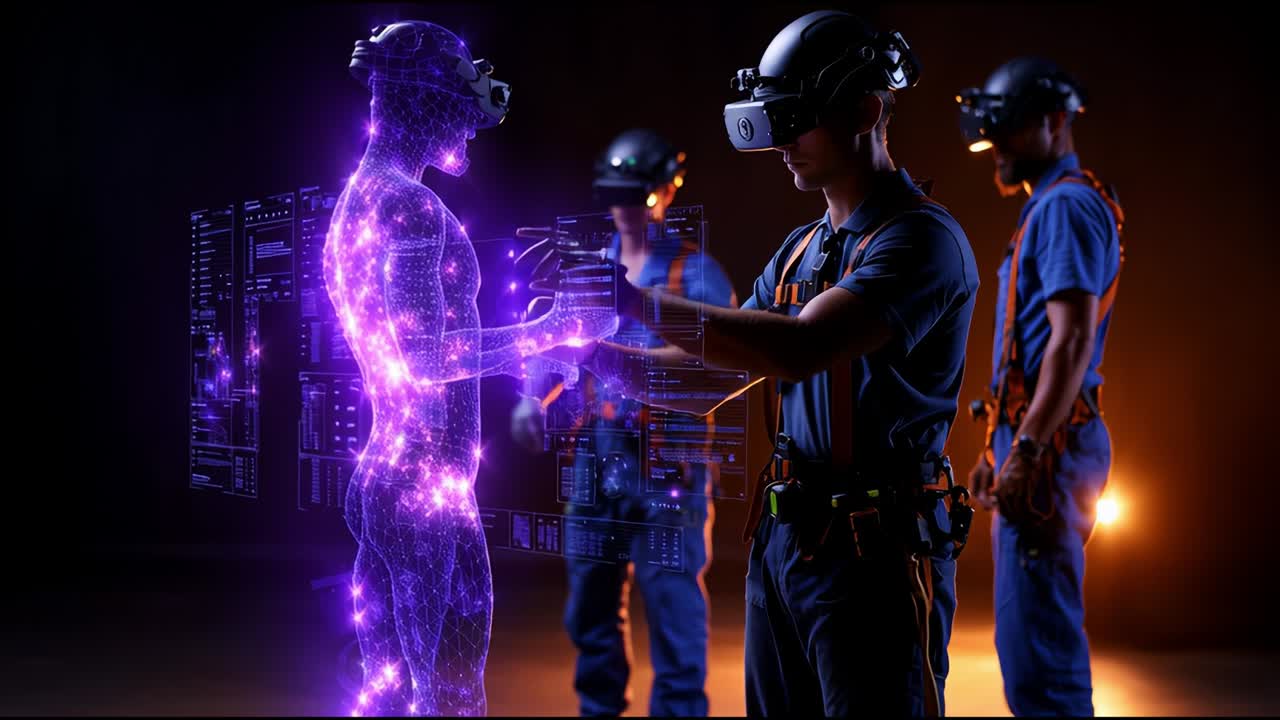 In a futuristic development environment, a technician in virtual reality gear interacts with a holographic figure, showcasing advancements in technology and human-computer interaction, while colleagues observe silently