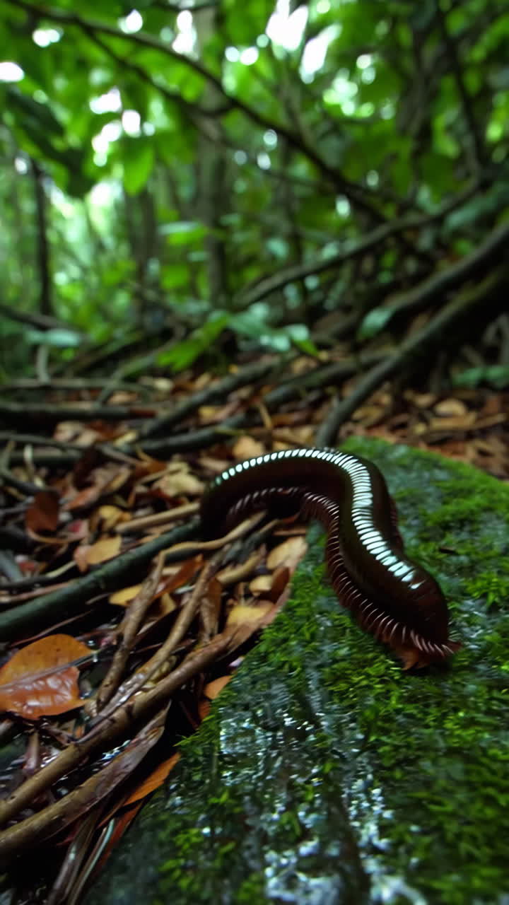 Millipede on mossy rock in a forest