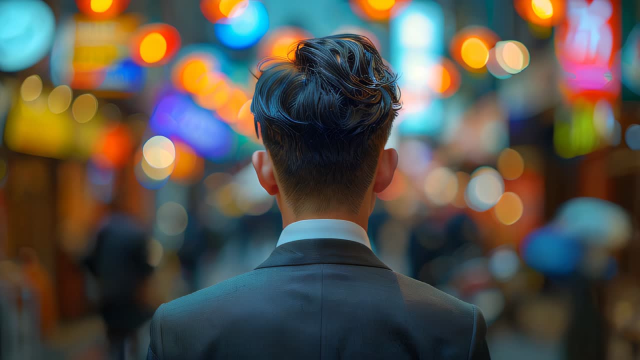 A man in a suit, with many people walking around in street at night