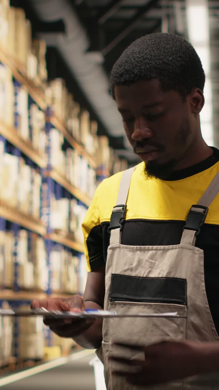 Vertical Video Woman employee placing adhesive shipping labels on boxes in depot