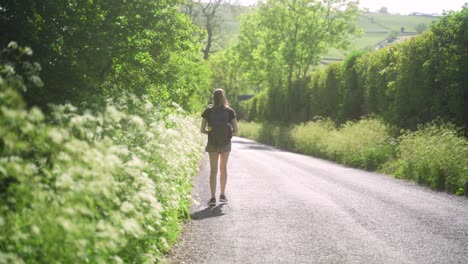 handheld shot of blonde young woman walking down a british country road, peak district, england, lined with overgrown cows parsley and green hedges wearing a backpack