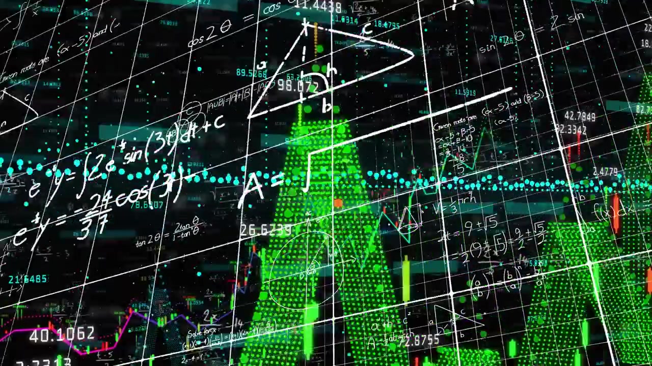Grid opening cyan data flowing yellow bar forming bars rising, equations overlaying for analytics