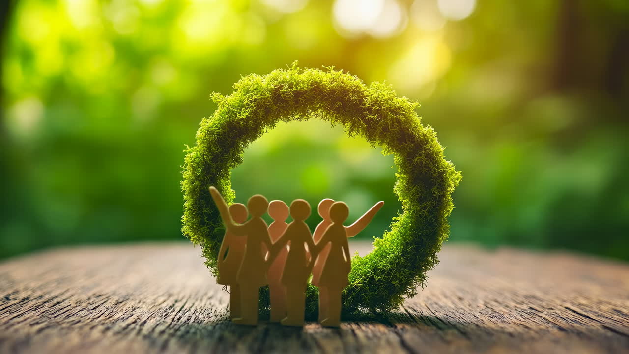 Nature celebration in green. Paper figures hold hands around a green wreath in a sunny outdoor space, celebrating unity and nature