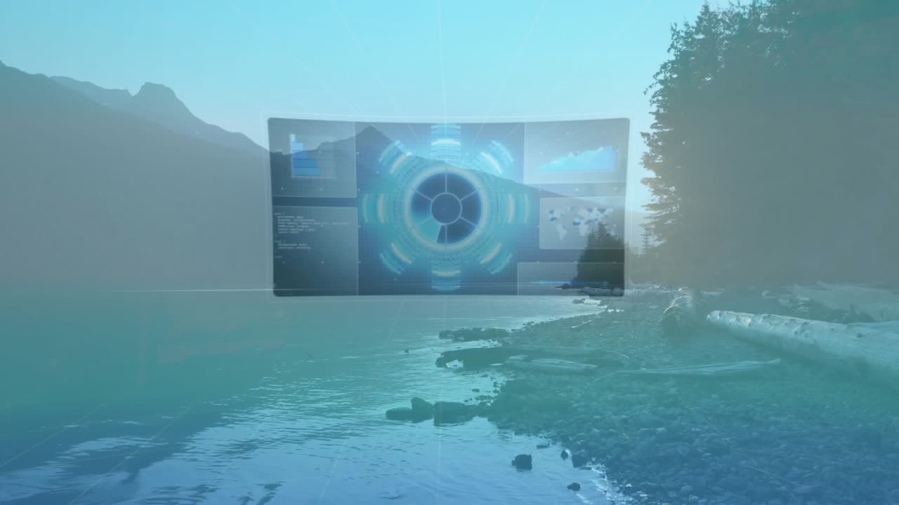 Shimmering holographic marker activating UI pulsing rings and sliding panels for lake monitoring