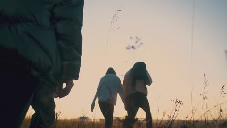 hombres y mujeres alegres caminan por el campo de hierba al atardecer