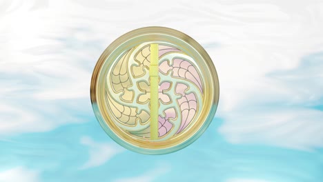 golden cross on a stained glass window with a celestial cloud