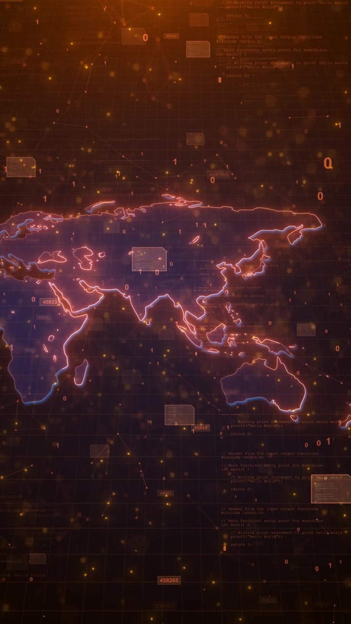 Global data map interface with neon outlines coded numbers warm particles dark digital grid