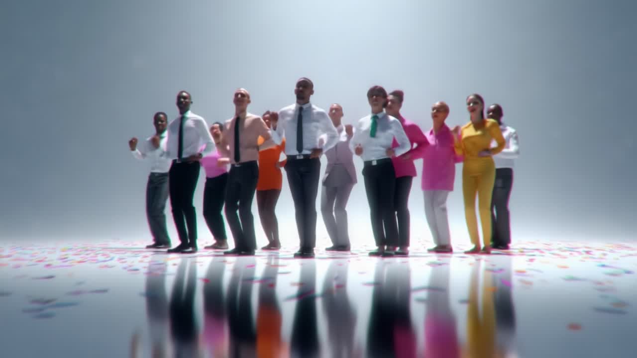 A Vibrant Dance Celebration: A Diverse Group of People in Colorful Attire Merges Together in Joyful Synchrony, Exuding Positive Energy Amidst a Shower of Confetti