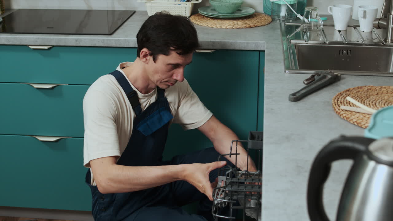 Plumber fixing the dishwasher