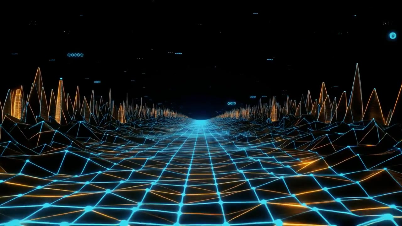 Digital Cyberpunk Grid Landscape with Floating Data Points