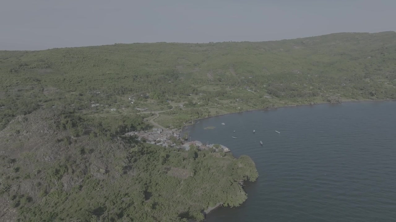 Vista aérea con dron de un pueblo pesquero en la isla Mfangano a lo largo de la orilla del lago Victoria.
