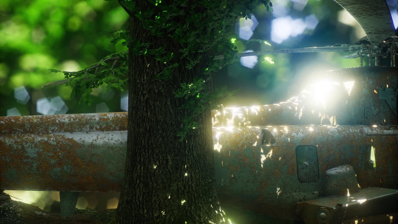 Helicopter blending with nature under dappled sunlight in a lush forest