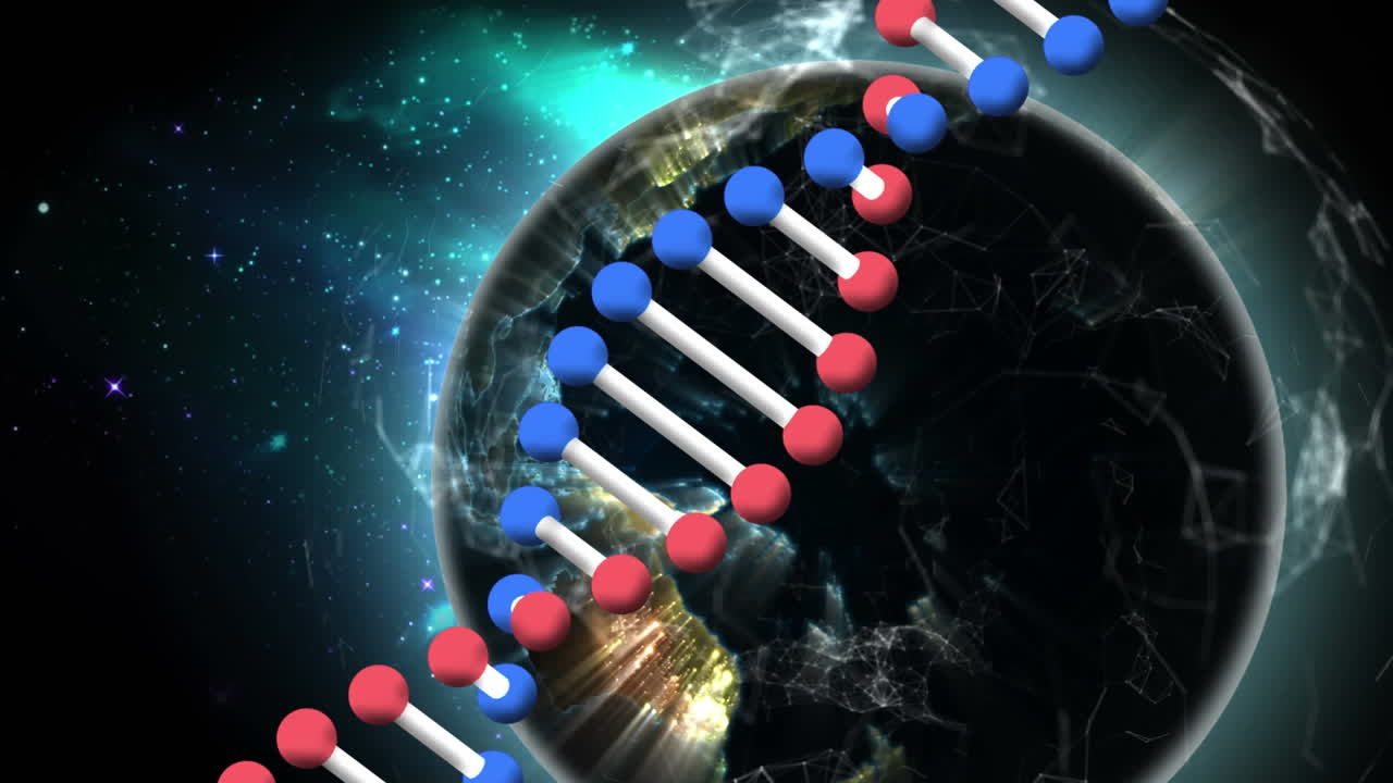 Digital animation of dna structure spinning against spinning globe in space