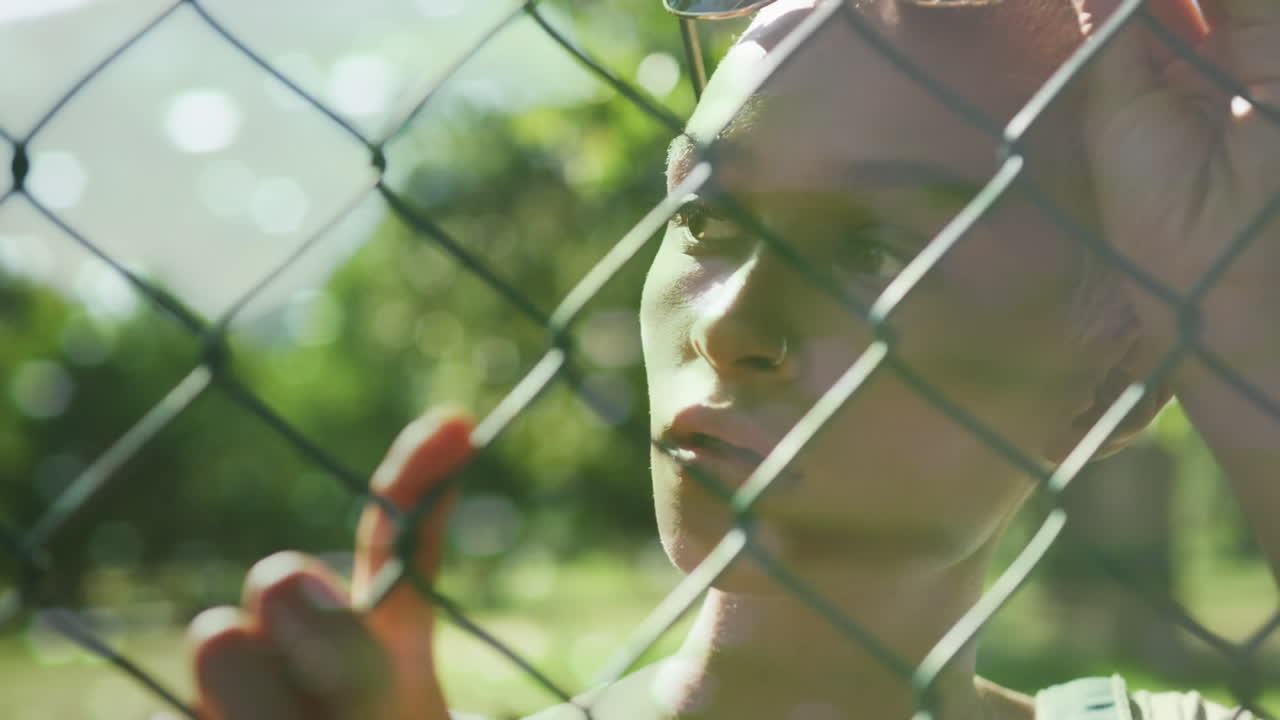 animación de manchas de luz sobre mujer biracial con gafas de sol, de pie detrás de la valla.