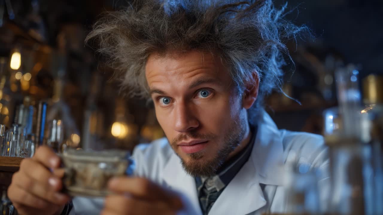 Uno scienziato eccentrico in camice da laboratorio esamina con curiosità un contenitore particolare, circondato da vetreria in un laboratorio scarsamente illuminato e pieno di sostanze misteriose