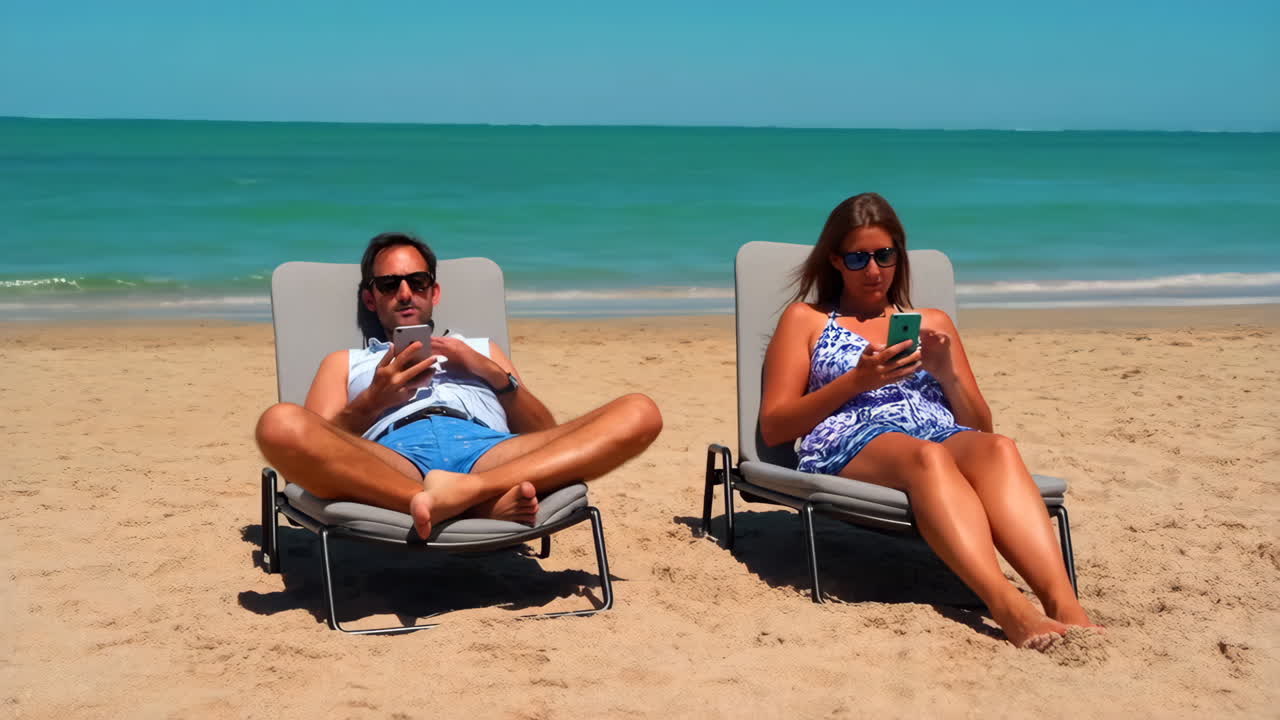 Couple Relaxing on Beach Chairs and Using Phones