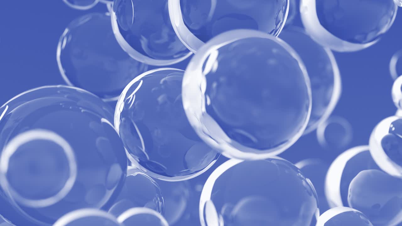 물 위에 거품 기름 배경 파란색, 날아가는 추상 유리 또는 물 어리 또는 방울, 4k uhd의 3d 애니메이션, 비누 거품 고립