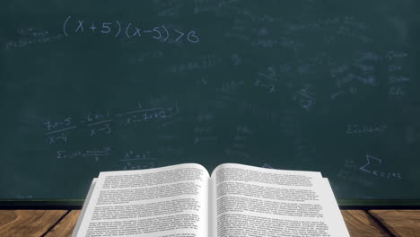 libro abierto contra ecuaciones matemáticas en la pizarra