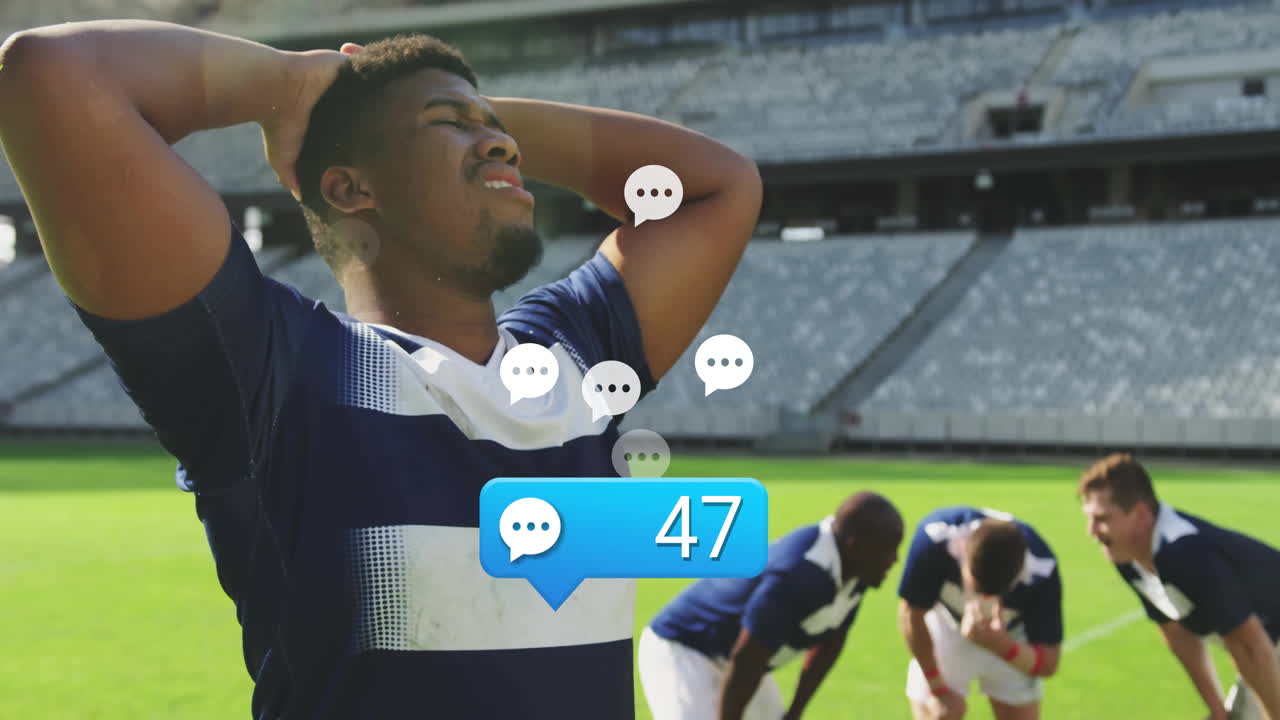 On field, rugby player with animation chat bubbles and number 47 overlay