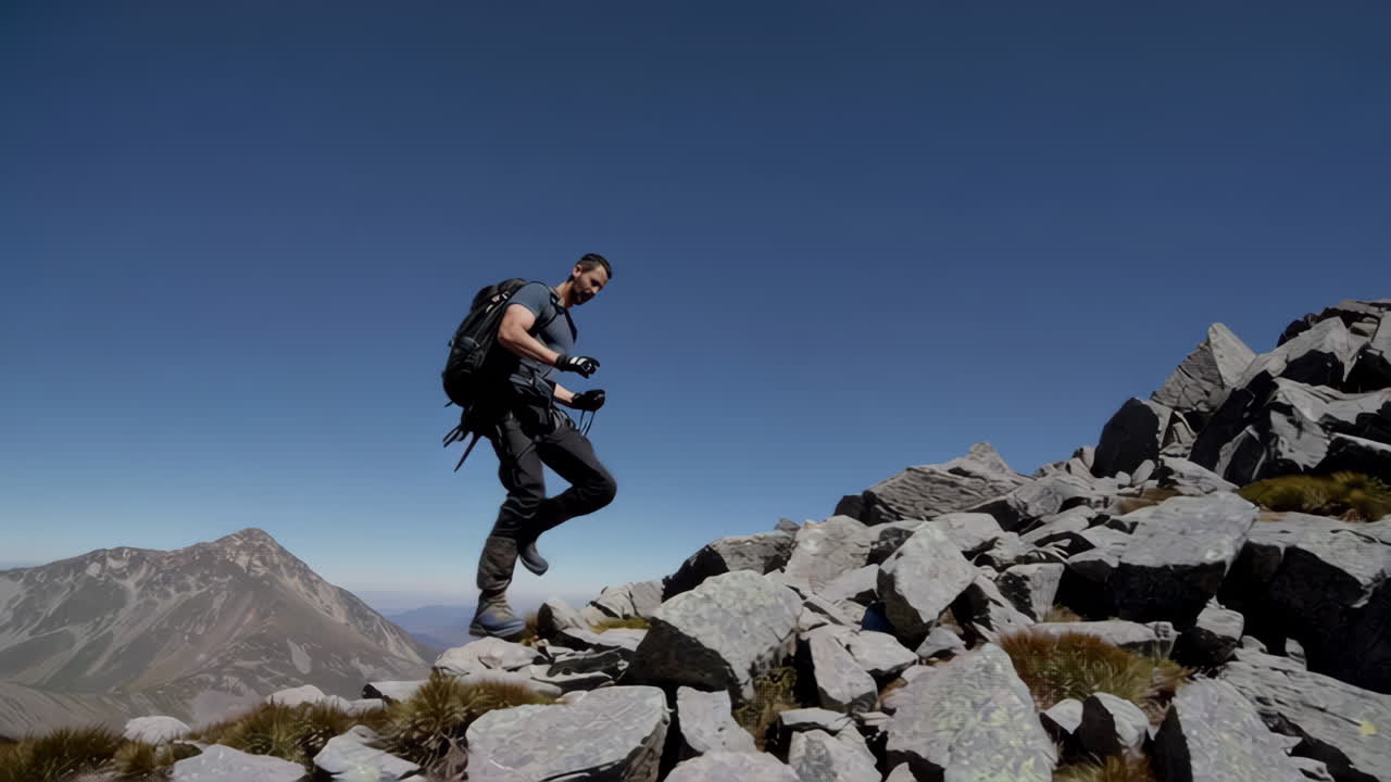 hombre subiendo un sendero de montaña rocosa