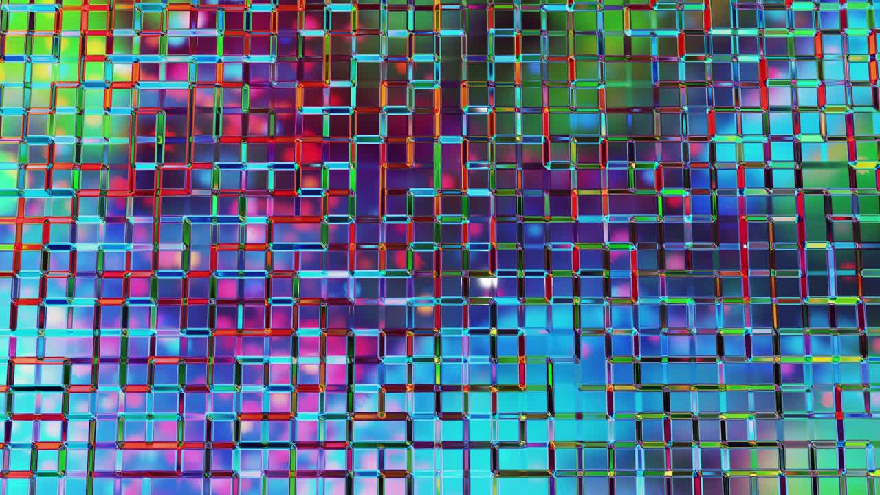 Liquid square pattern like waves in looped motion. 3D stylish abstract iridescent bg of wavy surface like brilliant liquid glass with beautiful gradient colors. 4k trendy colorful fluid animation.