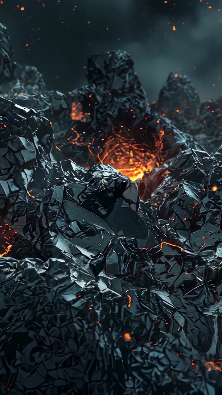 Vertical video: Moving camera revealing shiny volcanic rock lava fissure smoky sky embers rising