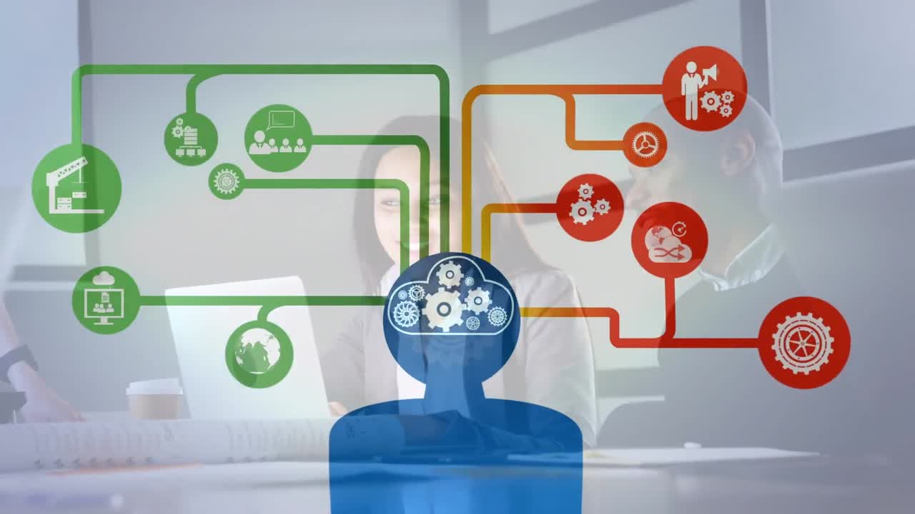 animación de iconos de los medios sobre diversas personas de negocios en la oficina