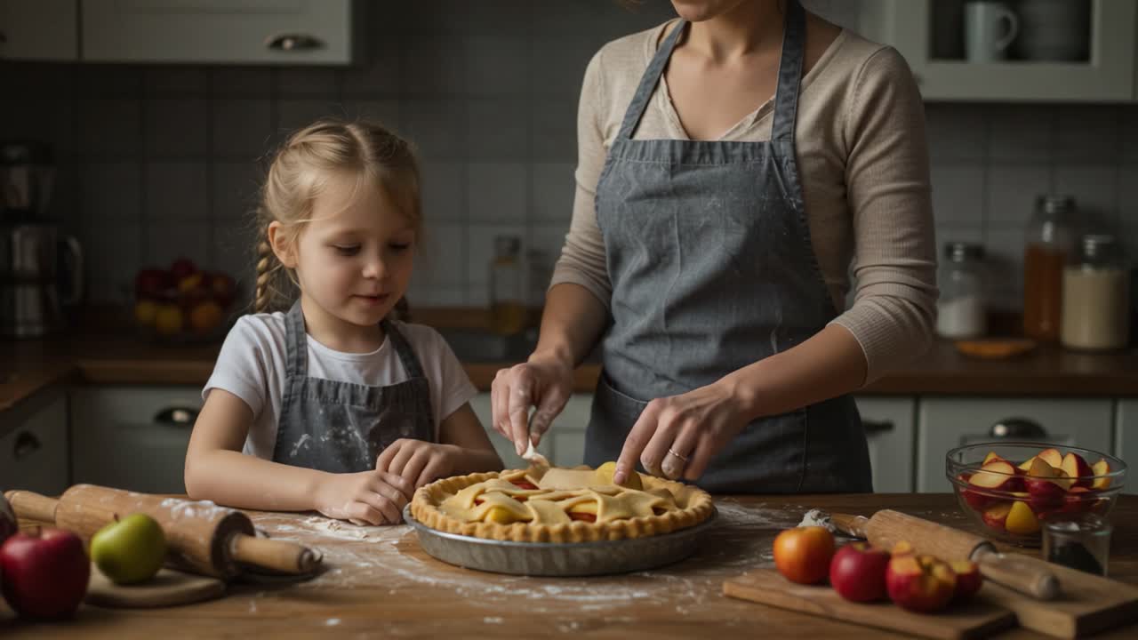 Joyful Moments in the Kitchen: A Mother and Daughter Bake Delicious Apple Pie Together, Creating Lasting Memories Through Cooking and Family Traditions