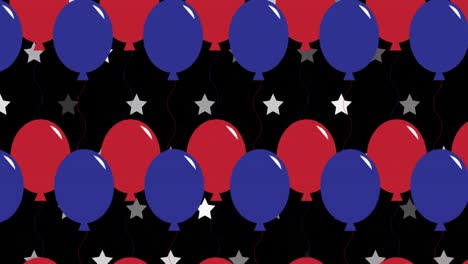 animación de globos rojos y azules con estrellas blancas sobre fondo negro