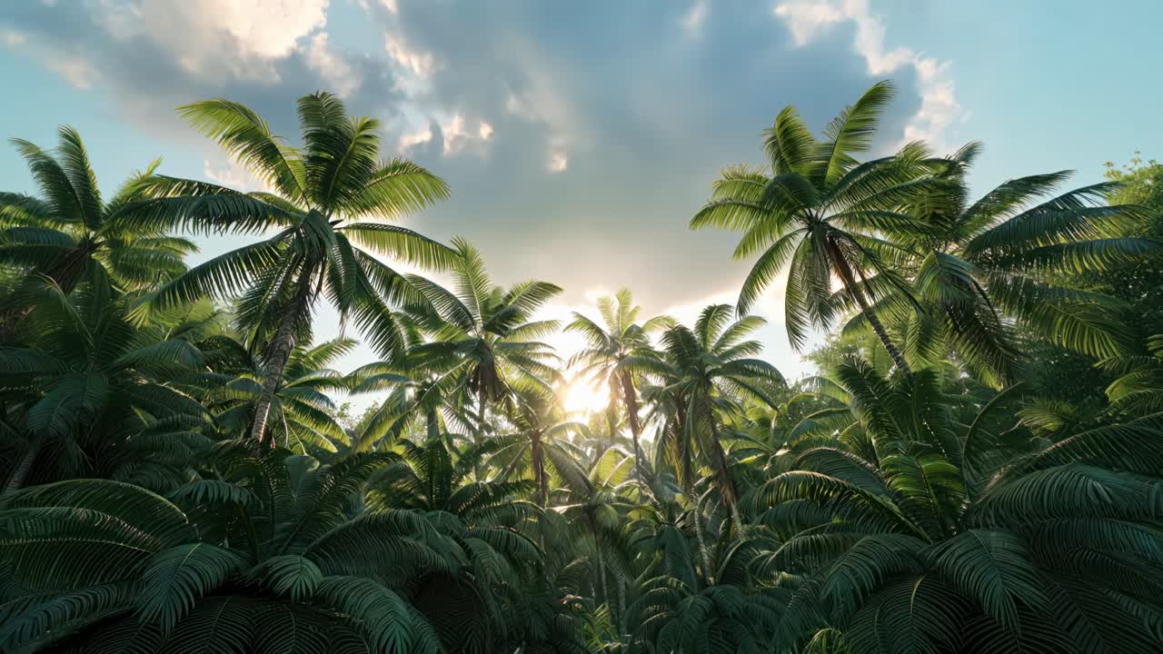 Lush tropical forest with towering palm trees captured from a low-angle, evoking a serene, immersive
