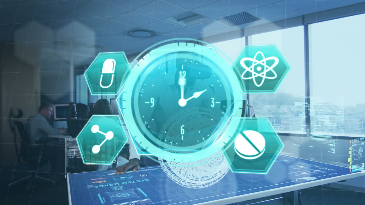 의료 아이콘의 애니메이션과 데이터 처리가 사무실에서 일하는 vr 헤드 ⁇ 에서 사람 위에