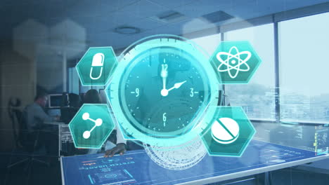 animation of medical icons and data processing over man in vr headset working in office