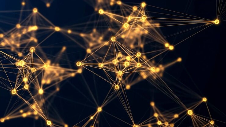 Abstract digital scene with glowing golden nodes, thin connecting lines, and scattered light points across a dark high contrast background, suggesting