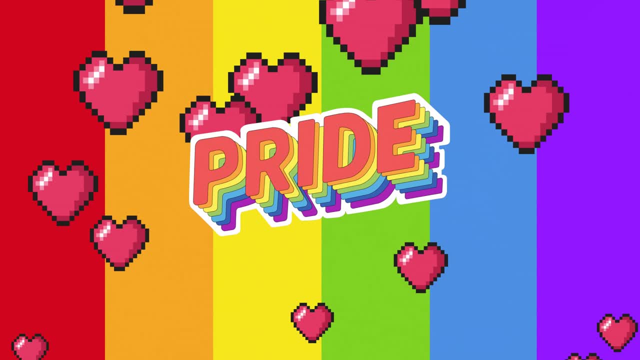 무지개 배경 위에 떠다니는 자부심과 마음의 애니메이션