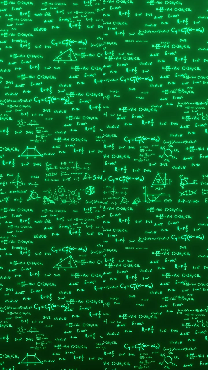Green math formula chalkboard background glowing equations geometry diagrams and science symbols for