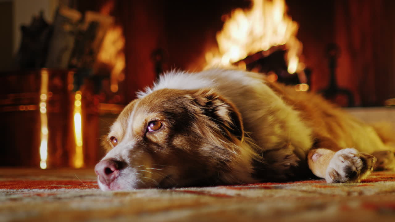 벽난로 근처의 아늑한 집에 누워있는 개 4