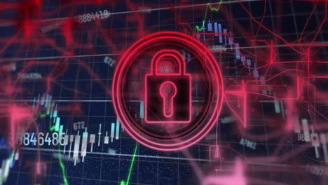 animation of financial data processing and multiple changing numbers over security padlock icon