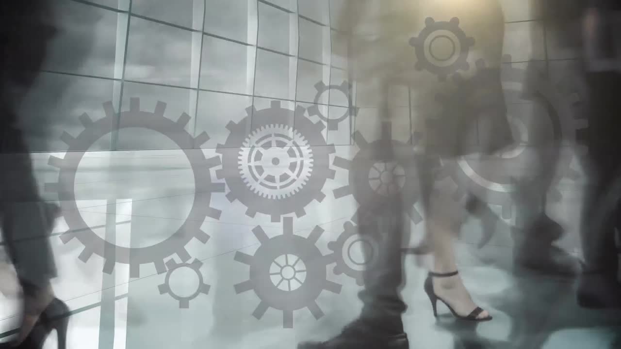 animazione di ingranaggi che girano sopra le persone che camminano in movimento veloce