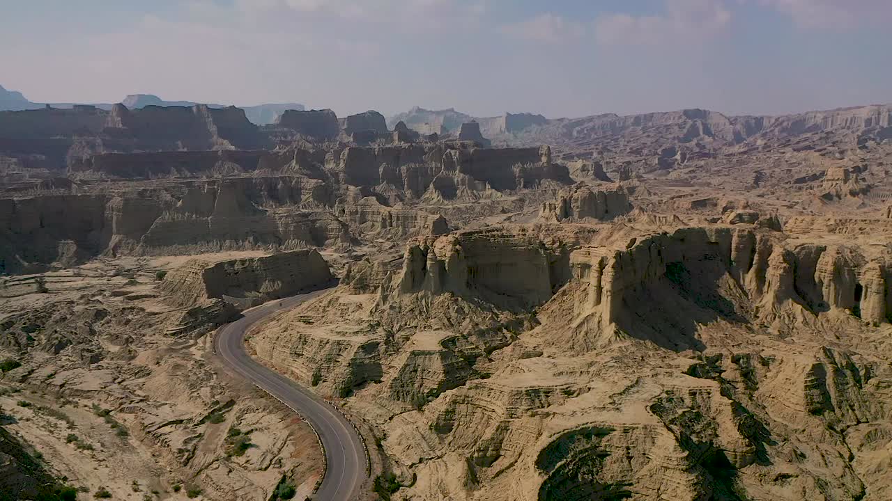 DJI Mavic 2 Pro Drone shot Empty road in Pakistan in Hingol area. Looks like surface of mars or another world.