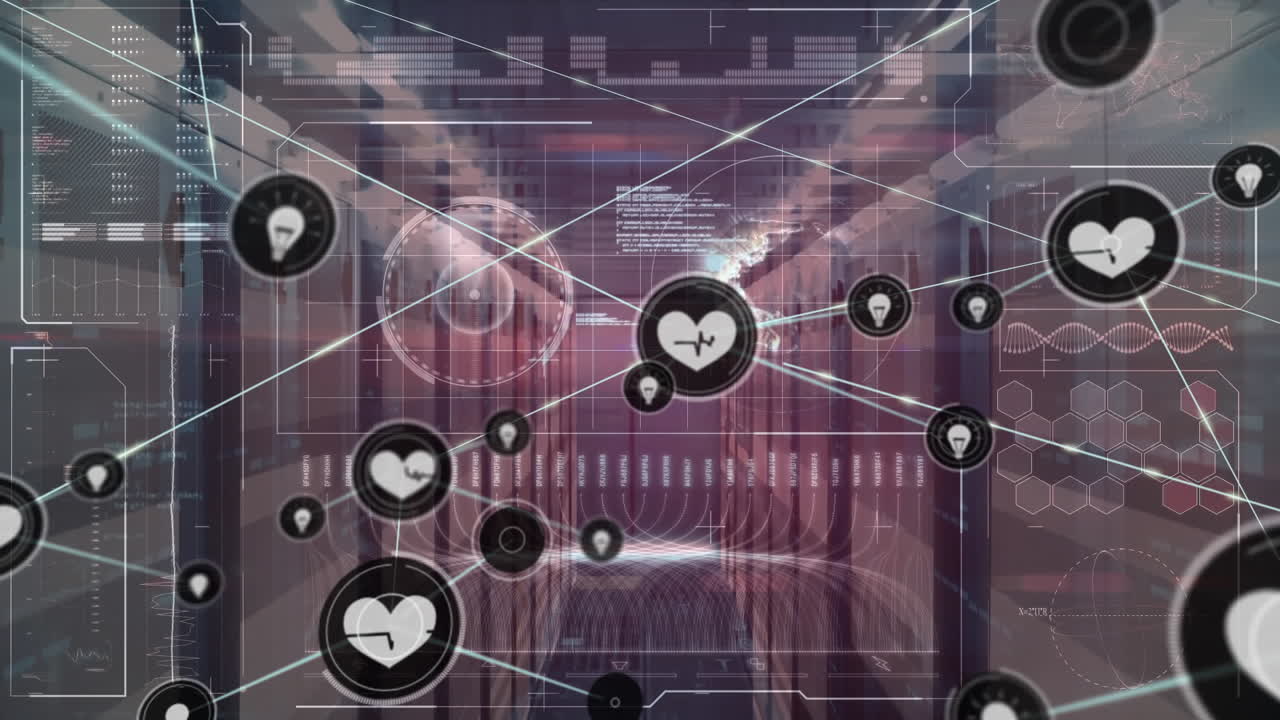 연결 네트워크의 애니메이션과 컴퓨터 서버를 통한 데이터 처리