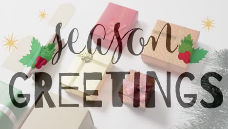 animation of christmas greetings text over christmas presents and decorations