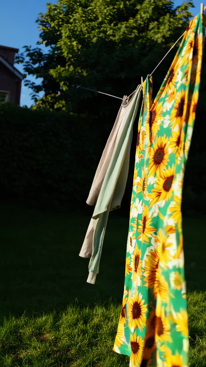 정원에서 옷줄에 옷을 건조시키는 것