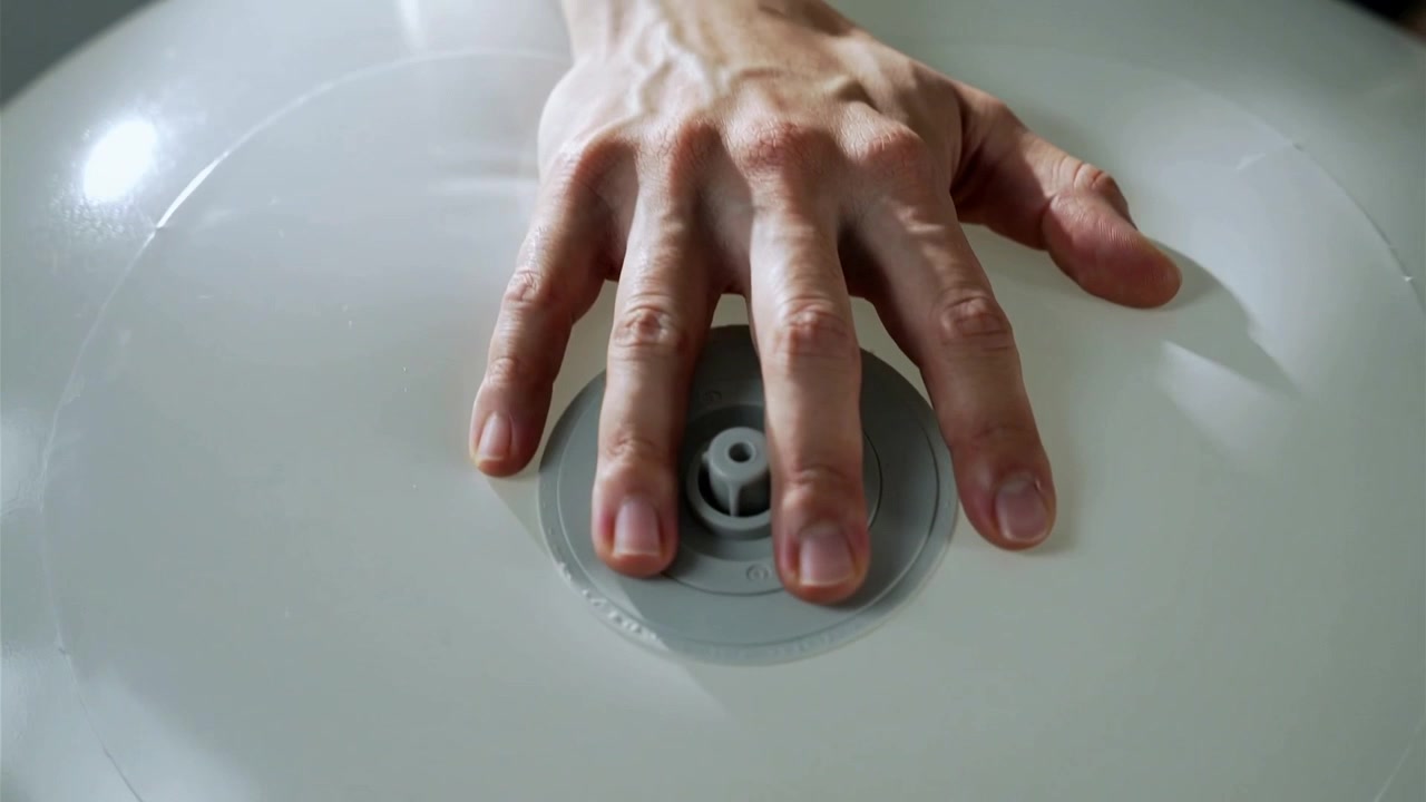 Lowering adult bare hand in room contacting valve, pressing and adjusting pressure on white ball