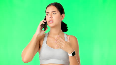 Green-screen,-phone-call-and-woman-with-fitness