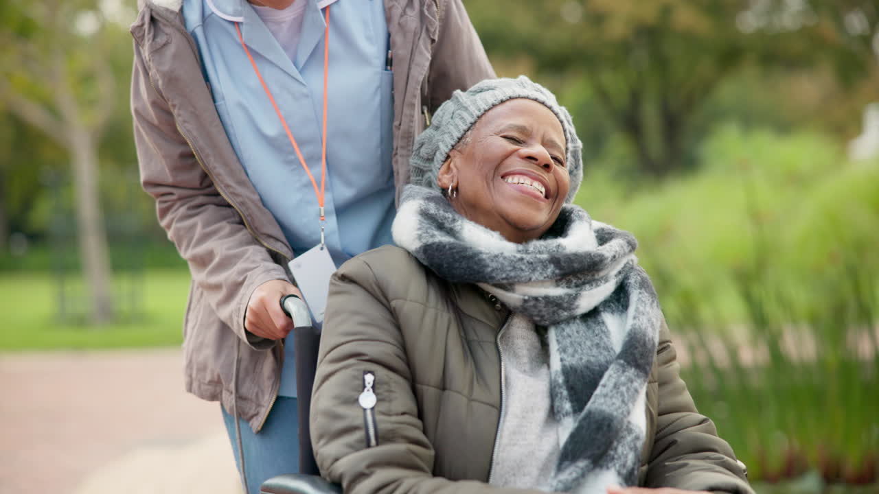 Nurse, peace and park with old woman